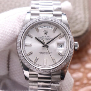 Rolex Day-Date M228349RBR-0001 EW Factory Diamond Silver Dial Replica Watch
